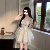 2025 New Breeze Bell Lanchi Sweet Princess Wind Bow Bow Eogen Yarn Short Dress Ponpong Dress Woman Summer