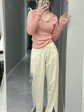Sexy And Cute Polo Knitted Shirt Women's Early Autumn Thin Design Feel Bottom Wool Sweater