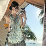 2025 Smart Impression Vintage Niche Design Holiday Atmosphere With A Feeling Of Hanging Neck Prints Bare Back Dress Summer