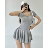 Grey Square Neck Short Sleeve Dress Summer New Hot Girl Small Man To Repair Body Body A Word Skirt