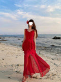 French Beautiful Irregular Lotus Leaf Side Red Sling Dress Female Summer Seaside Atmosphere Temperament Dress