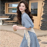 Pure White Moon Light Sweet Wind Blue Lattice Dress Women's Summer Simple College Style Small Fairy Dress
