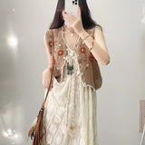 Romantic Languid Retro Hollow Tidal Lace Dress Tie Seaside Holiday Dress Beach Dress