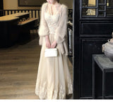 [Sakura Snow] Pure Lust Wind V Collar Tectar Clad Mesh Skirt Cardigan Three-Piece Lace Women's Series