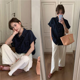 Real Shooting 2025 Summer Korean Simple Retro Buffet Denim Loose Polo Collar Short-Sleeved Shirt 2 Colors