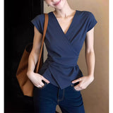 2026 Summer Beautiful Small Interior Design Feeling Unique Beautiful Blouse Important Occasion Blue V-Neck T-Shirt Girl
