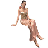 2025 Premium New Pocketed Hip Half Skirt Two-Piece Set Of Thin Body Broken Flower Sling Suit