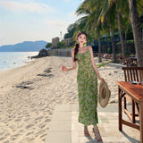 2025 Summer New Pastoral Holiday Temperament To Close The Waist Thin Green Broken Flowers Hanging Dress Dress Dress Woman