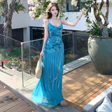 2025 Seaside Holiday Blue Dress Women Summer Cold Rich Family Gold Small Sling Temperament Dress