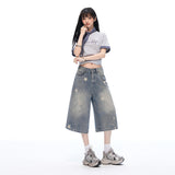 Cowboy Trousers Women Summer New Retro Old Star Print Loose Super Fire Seven-Point Pants Blue Spring