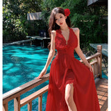 2025 Retro Red Elegant Hanging Neck Dress Back Sunset Dress Seaside Holiday Atmosphere Feel Long