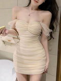 One-×Öa-Shoulder Mesh Sling Dress Girl Spring Pure Hot Girl Sexy Bag Hip Dress High-End Chiffon Braided Skirt