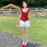 Red Round Collar Small Flying Sleeves Dot Shirt White Lotus Leaf Side Top + High-Waisted Ballet Skirt Skirt Skirt Skirt Skirt