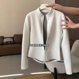 The New Slimming Warm Double Zipper Open-Shirt With Autumn And Winter Milk White Collar Long Sleeve Jacket