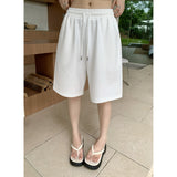 2 Color Retro Loose Broad Leg Pants Tight Waist Drawstring 100 Straight Five-Point Trousers Summer Casual Pants Woman
