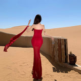 2025 Wine Red High-End Mesh Ribbon Folds Design Asymmetric Fish Tail Dress Sexy Dress