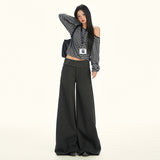 25Th Ootd!| Hairy Trousers Autumn And Winter Low-Waist Buttons Loose Tug Broad Leg Pants Dark Gray Black