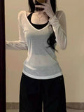 Slamm-Up Slings Two Sets Of 2025 Autumn Slim Net Yarn Long-Sleeved T-Shirt Top Female Tide