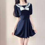 2026 New Navy Collar Skirt Female Fat Sister French Fairy Short Sleeve Long Skirt Swimsuit