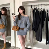 French Style Temperament Word Shoulder Long Sleeve Knitted Dress Waist Thin Ass Skirt Design Elegant And Catchy