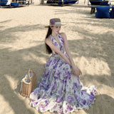 2026 High-End French Holiday Style White Violet Verb Flower Hanging Neck Chiffon Cake Dress Femininity Dress Super Fairy
