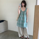 Korean Daily Relaxation Feeling With Sweet Lattice Folded V-Neck Vest Short Dress Thin Design Dress Woman