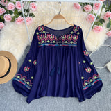 Spring Dress 2025 Holiday National Style Retro Heavy Industry Embroidery Flowers Ocean Gas Lantern Sleeve Loose Blouse Tide