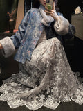New Chinese Bead Embroidered Silk Velvet Winter Skirt New Lace Mesh Dress