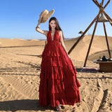 2026 Two Wearing Pure Lust Wind Hanging Back Linen Fairy Dress Seaside Lotus Leaf Side Hanging Dress