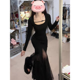 Black Fishtail Dress Women Spring Slimming Bag Hip Dress French Niche Design Beautiful Mesh Dress