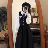 French College Style Black Dress Woman's New Spring And Autumn Teaching Interview Art Exam Adult Ceremony Fake Two Skirts