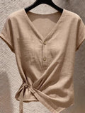 2026 Spring And Summer New Temperament Women's Commuting Style V Collar Short Sleeves To Close The Waist Shirt Is Thin And Design Blouse