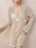 French Hollow U Tie Lace Crochet Crochet Flower Long-Sleeved Dress
