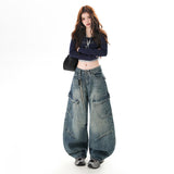 Vintage Autumn And Winter Multi-Bag Rewashing Waterwork Casual Drag Jeans Neutral Style Men And Women