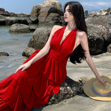 2026 New Sexy Seaside Resort Wind Deep Hanging Neck Dress Bare Back Strap Cake Super Fairy Long Dress Super Fairy