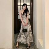 2025 New Retro Ink Painting New Chinese Style Design Slings With Long Temperament Dress