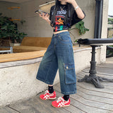 YC&2 Color Retro High-Rise Seven-Point Trousers High Street Trousers Wide Leg Pants Summer Straight Jeans Woman