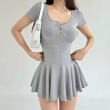 Grey Square Neck Short Sleeve Dress Summer New Hot Girl Small Man To Repair Body Body A Word Skirt