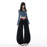 Vintage Wide-Legged Denim Slacks Autumn New Loose-Hanging Scimits Straight Trousers Pure Black