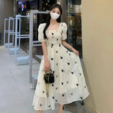 [There Is Inside] Square Collar Bubble Sleeves Shredded Flower Dress Women Summer Pear Shape Body Slightly Fat Wearing French Long