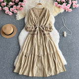 Vintage National Bubble Sleeve V-Neck Dress Women's Summer Embroidery Single-Caught Belt Design Temperament Long Dress