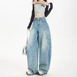 Bismeed Jeans Retro Taut Autumn Casual Pure White Loose-Freuish-Legged Denim Antique Blue