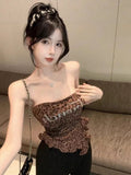 Vintage Sexy Babes Leopard Print Chest Drill Irregularly Carefully Machine-Skinny Collarbone Waistcoat