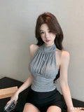 2933# Summer New Pure Lust Folded Neck Strap Vest Slimmed Female Fixed With Chest Cushion Top