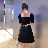 2025 Early Summer Hepburn Small Black Dress New French Retro Collar Bubble Sleeves Sweet Spicy Dress