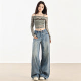 Dark Blue High-Quality Fireworks Pattern White Design Wide-Legged Jeans Women's New 25 Years