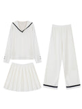 Confession Balloon College Soft-Skinny Knitted Knitted Set Cream Blouse Lanky Skirt Lanky
