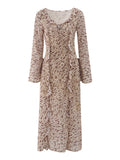 Talia Trendy Holiday Lotus Leaf Side With Horn Sleeve Open Print Dress Female French Dress