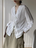 2026 Spring And Summer French V-Neck Lace Lace Hook Blace Sleed Sleep Shirt Women's Relaxed Comfort Premium Sense