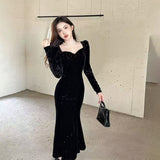 Large-Size Women's French Style Hepburn Silk Velvet Fishtail Skirt Autumn And Winter Fat Mm Thin Inside Dress